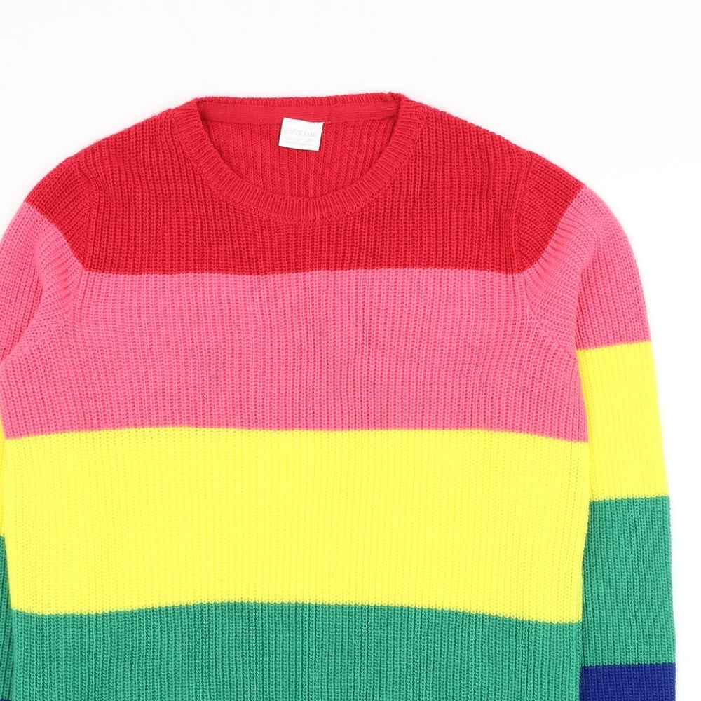 F&F Girls Multicoloured Round Neck Striped Acrylic Pullover Jumper Size 13-14 Years Pullover
