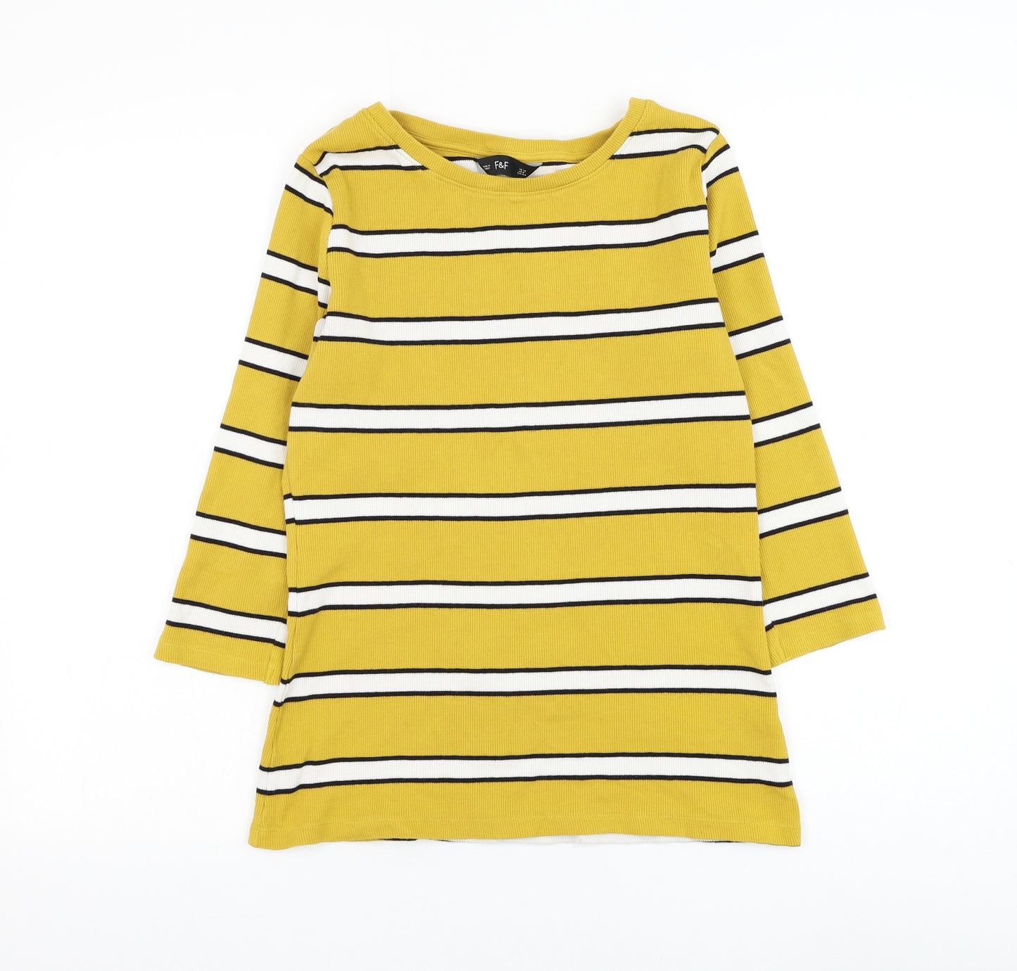 F&F Womens Yellow Round Neck Striped Cotton Pullover Jumper Size 12