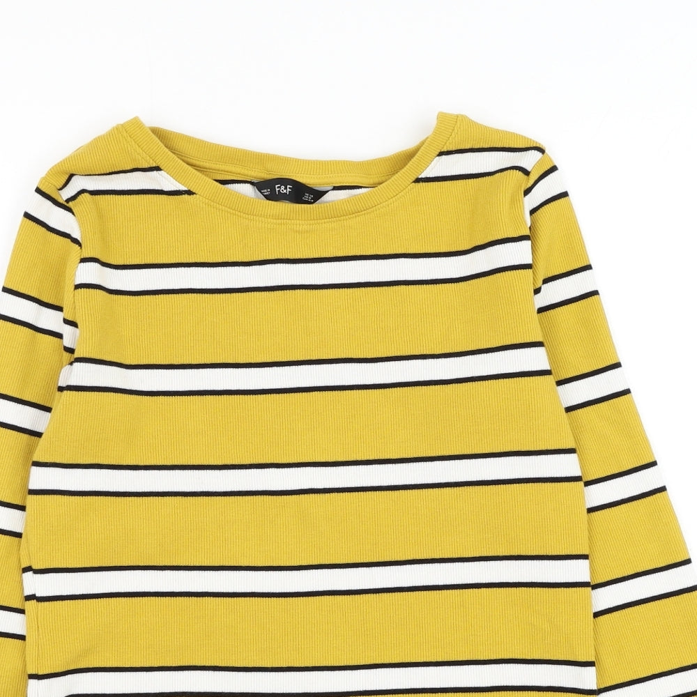 F&F Womens Yellow Round Neck Striped Cotton Pullover Jumper Size 12