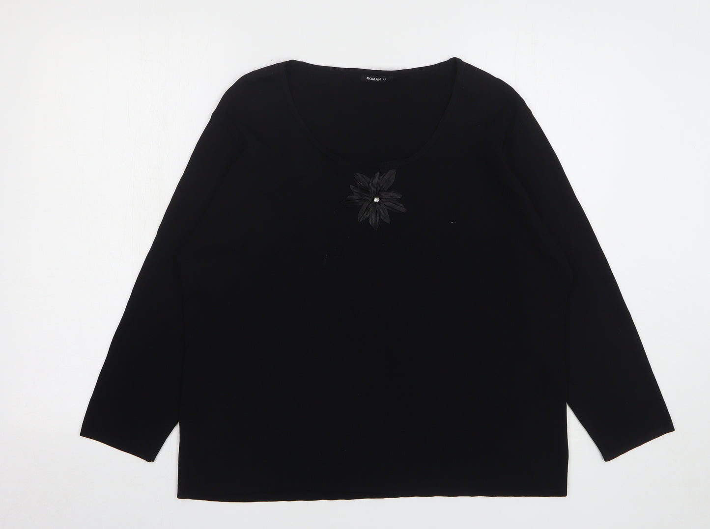 Roman Womens Black Polyester Basic T-Shirt Size 22 Round Neck