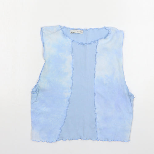 Pull&Bear Womens Blue Cotton Cropped Tank Size L Round Neck
