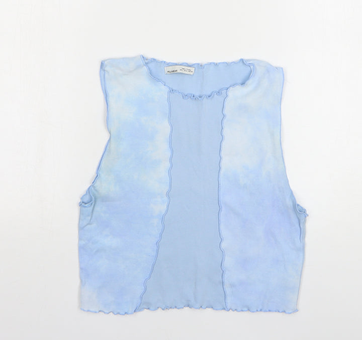 Pull&Bear Womens Blue Cotton Cropped Tank Size L Round Neck