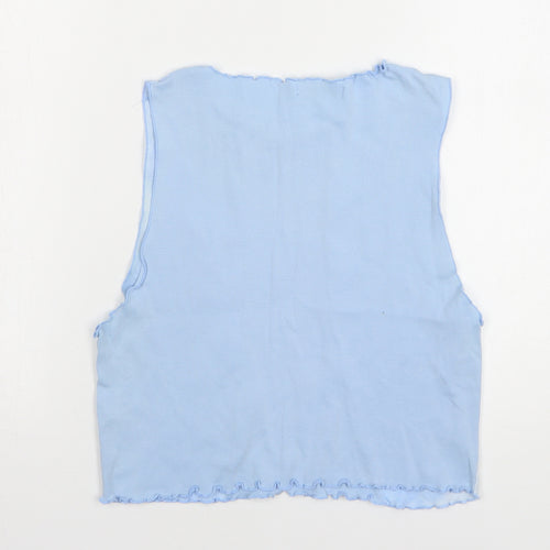 Pull&Bear Womens Blue Cotton Cropped Tank Size L Round Neck