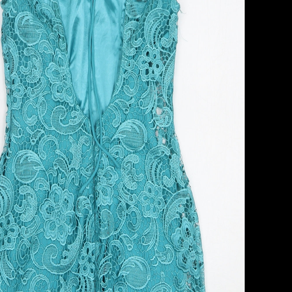 Lipsy Womens Green Floral Polyester Mini Size 10 Round Neck