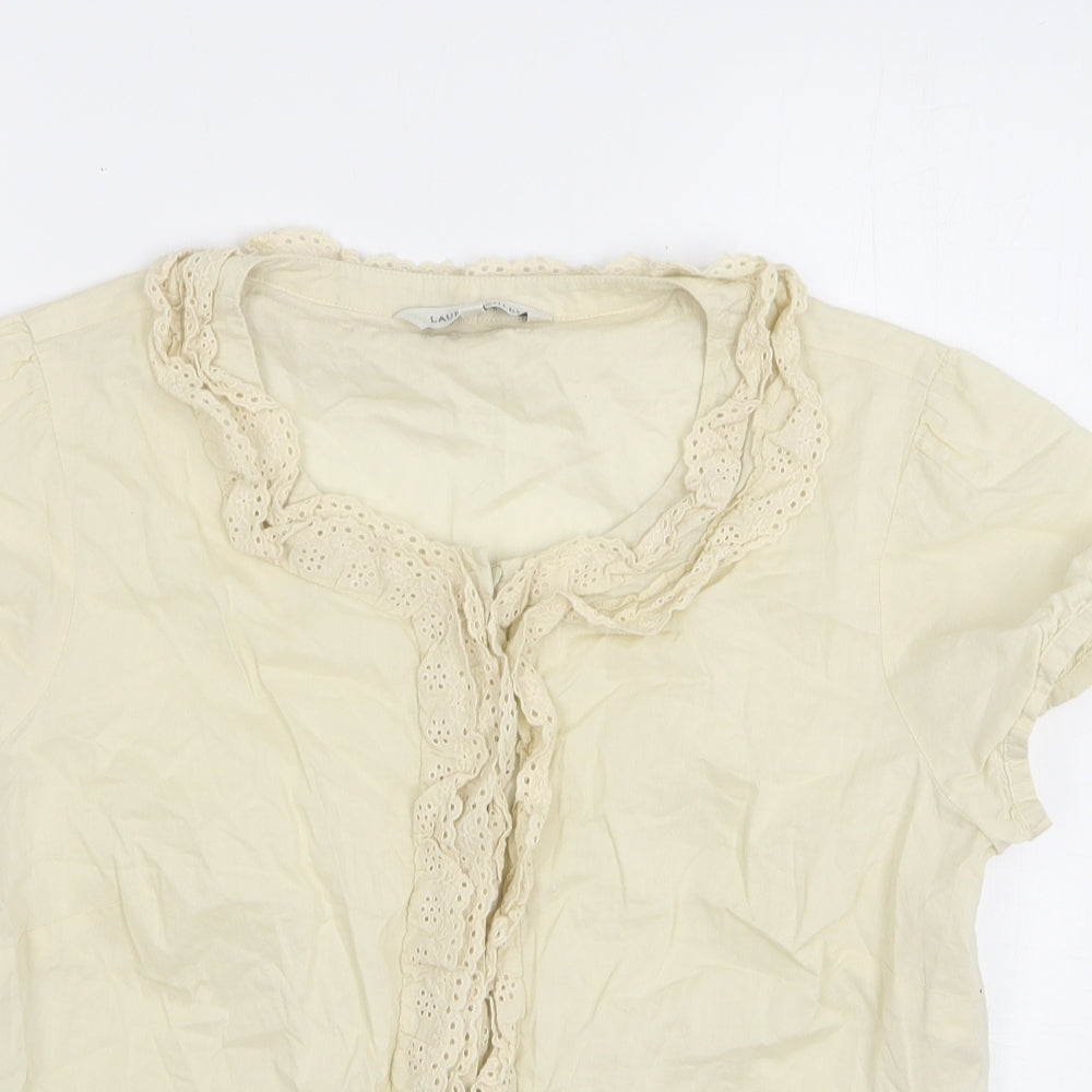 Laura Ashley Womens Beige Cotton Basic Button-Up Size 16 Round Neck