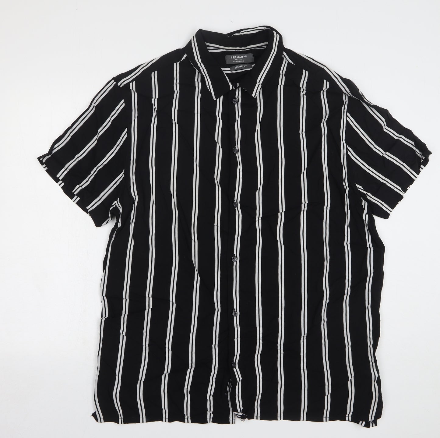 Primark Mens Black Striped Viscose Button-Up Size 2XL Collared Button