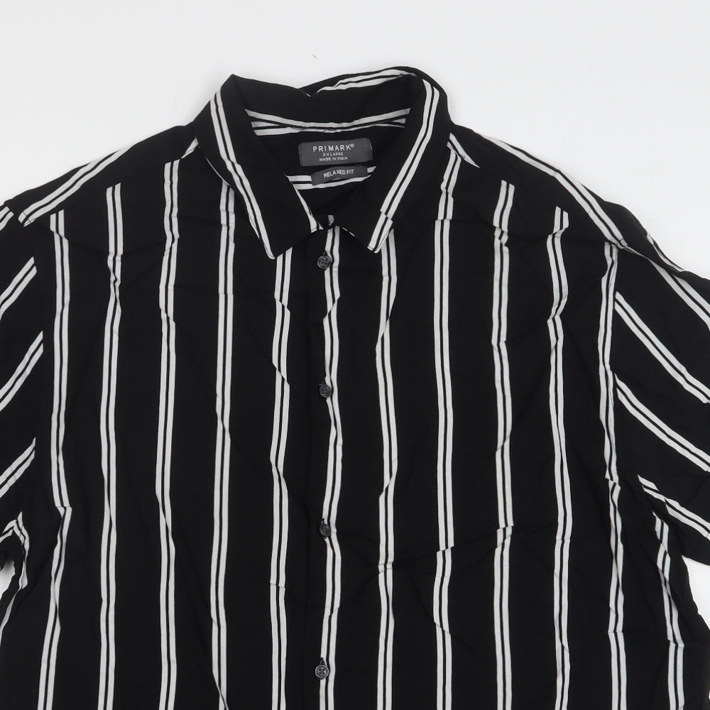 Primark Mens Black Striped Viscose Button-Up Size 2XL Collared Button