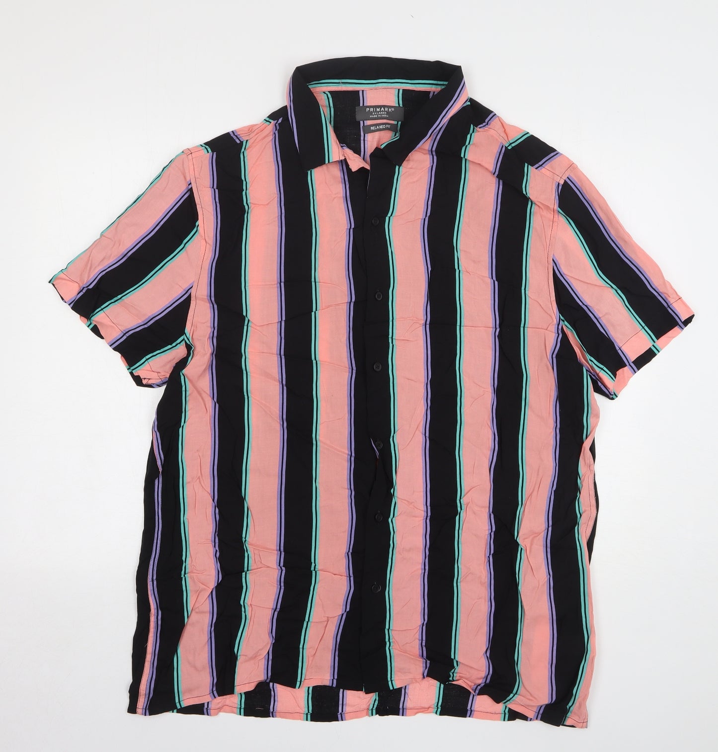 Primark Mens Multicoloured Striped Viscose Button-Up Size 2XL Collared Button