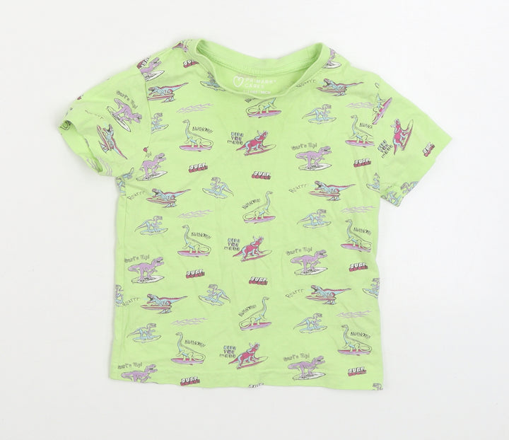 Primark Boys Green Geometric Cotton Basic T-Shirt Size 2-3 Years Round Neck Pullover - Dinosaur print