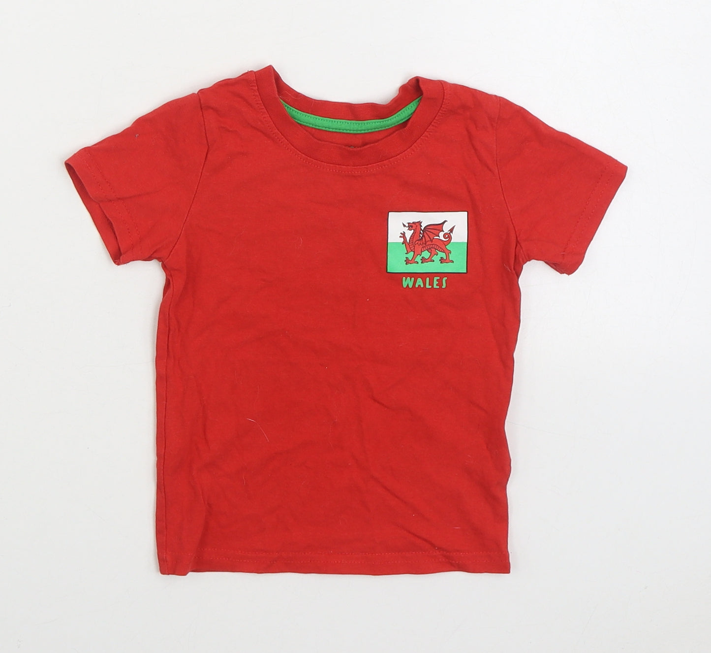 Primark Boys Red 100% Cotton Basic T-Shirt Size 18-24 Months Round Neck Pullover - Wales