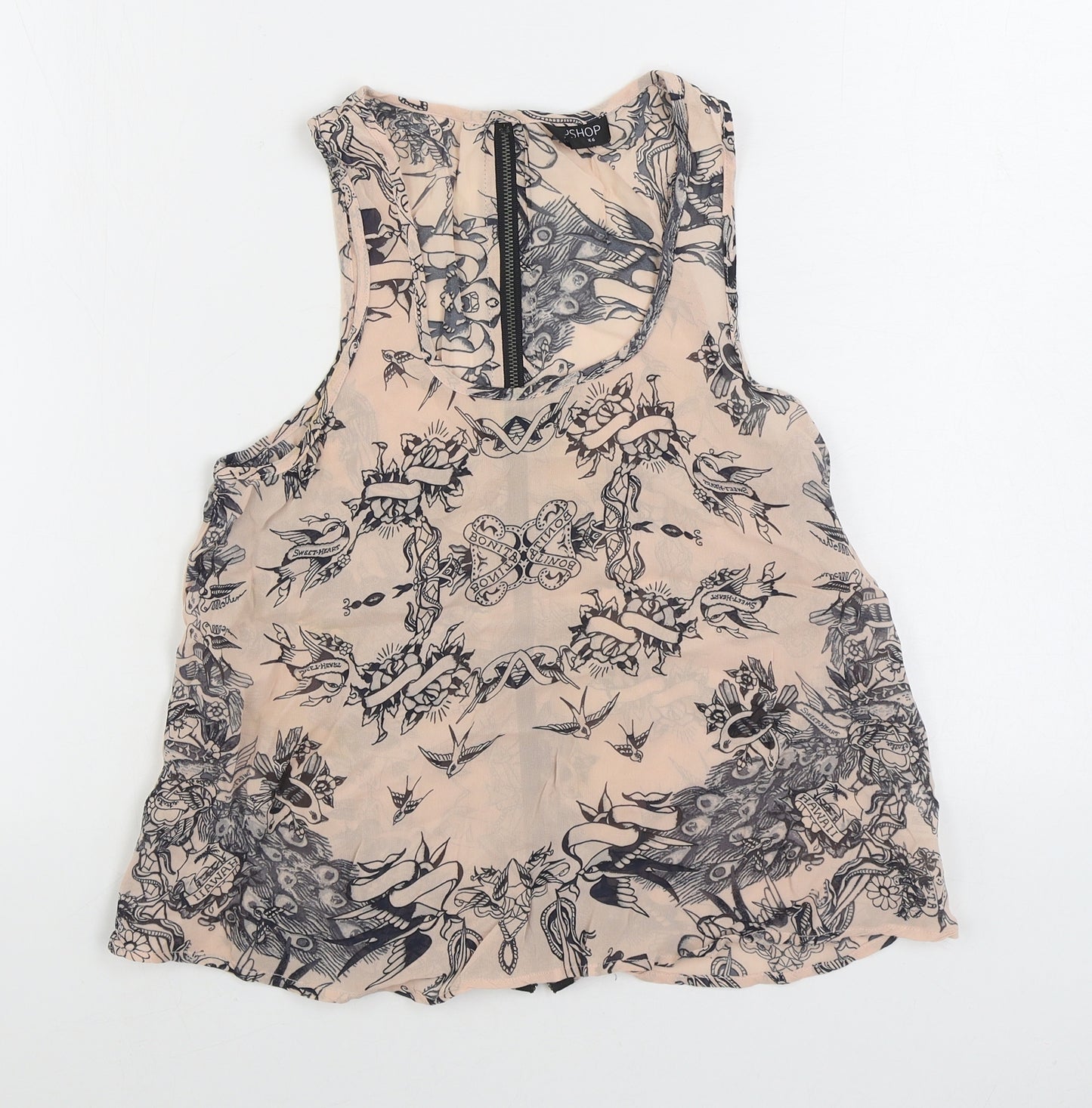 Topshop Womens Beige Geometric Viscose Basic Tank Size 6 Scoop Neck
