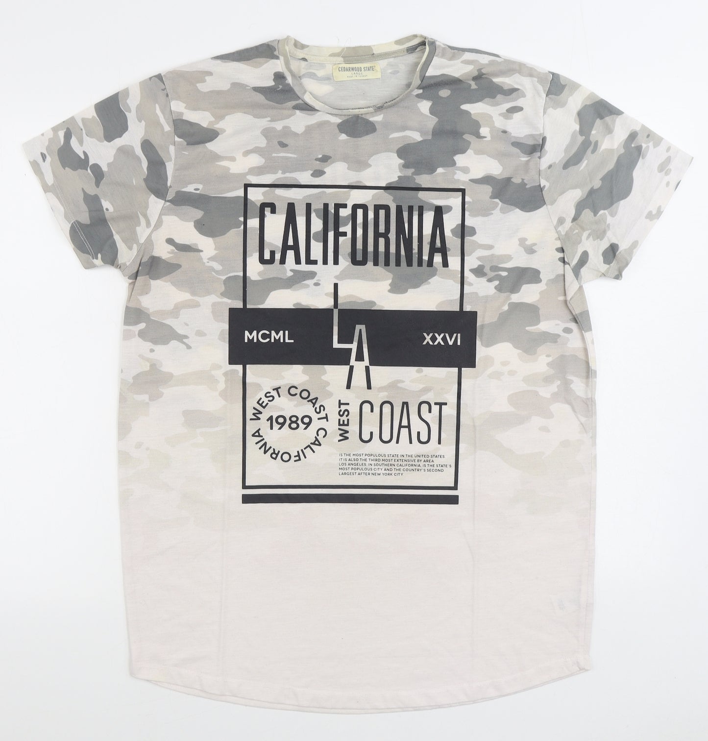 Primark Mens Grey Camouflage Polyester T-Shirt Size L Round Neck