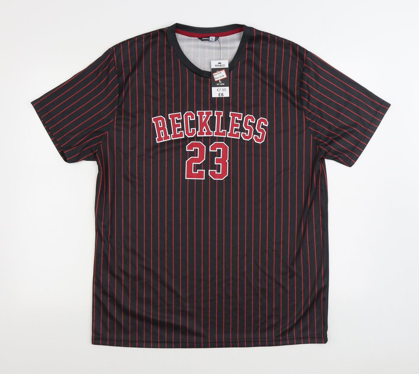 Pep&CO Mens Black Striped Polyester T-Shirt Size L Round Neck - Reckless