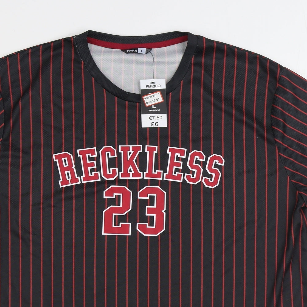 Pep&CO Mens Black Striped Polyester T-Shirt Size L Round Neck - Reckless