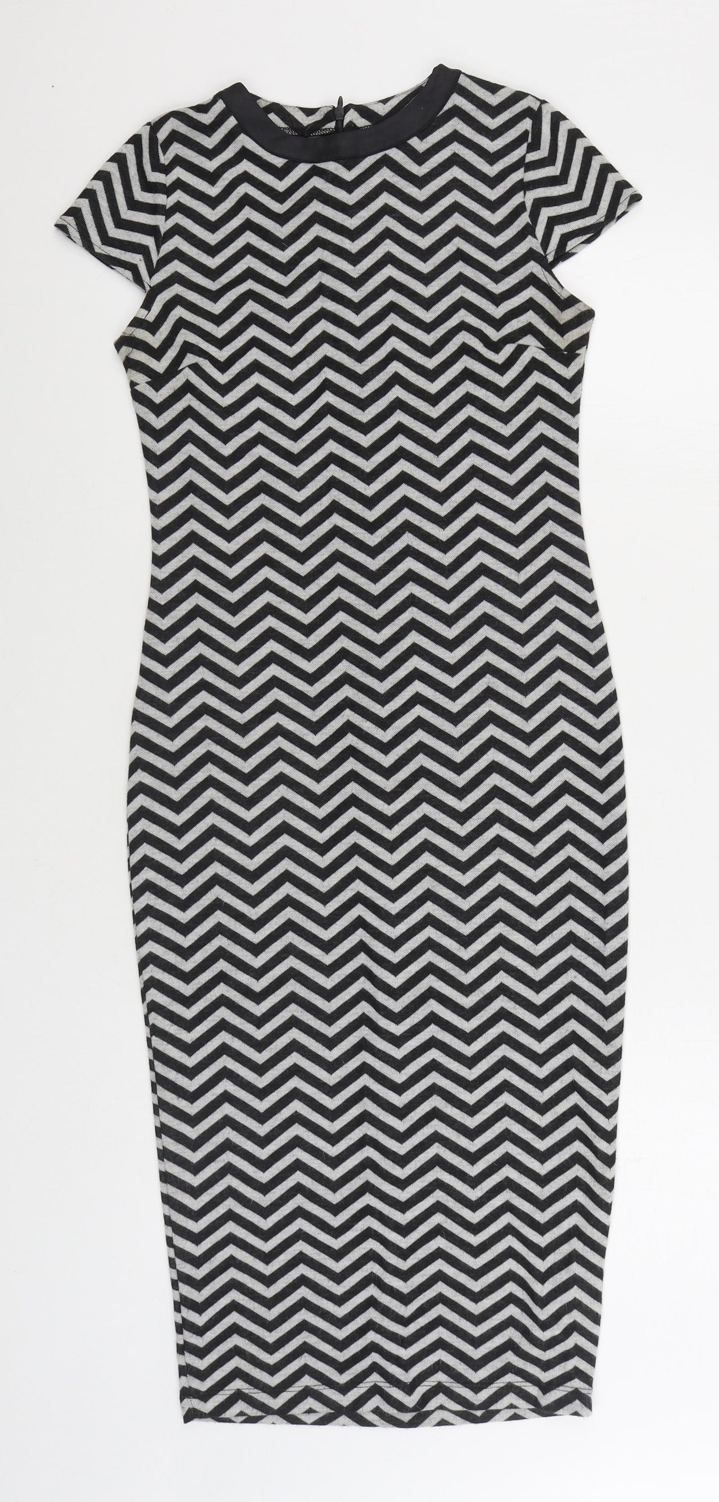 River Island Womens Black Chevron Polyester Bodycon Size 10 Round Neck Zip