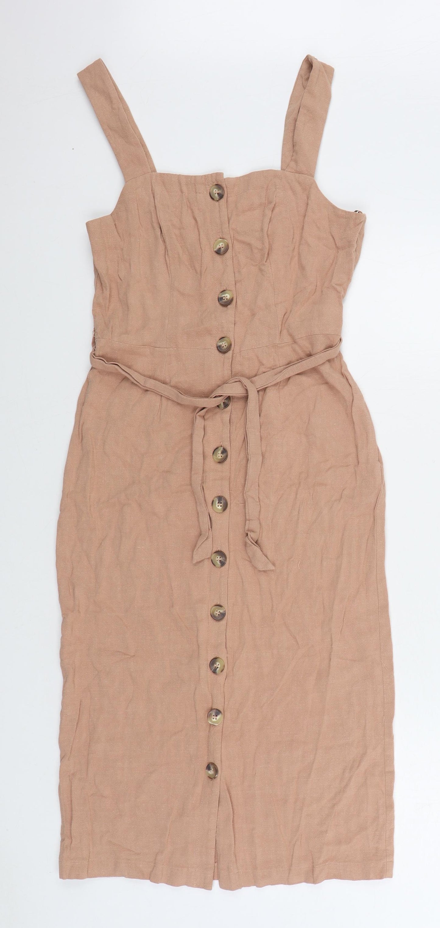 New Look Womens Pink Linen Sheath Size 8 Square Neck Button