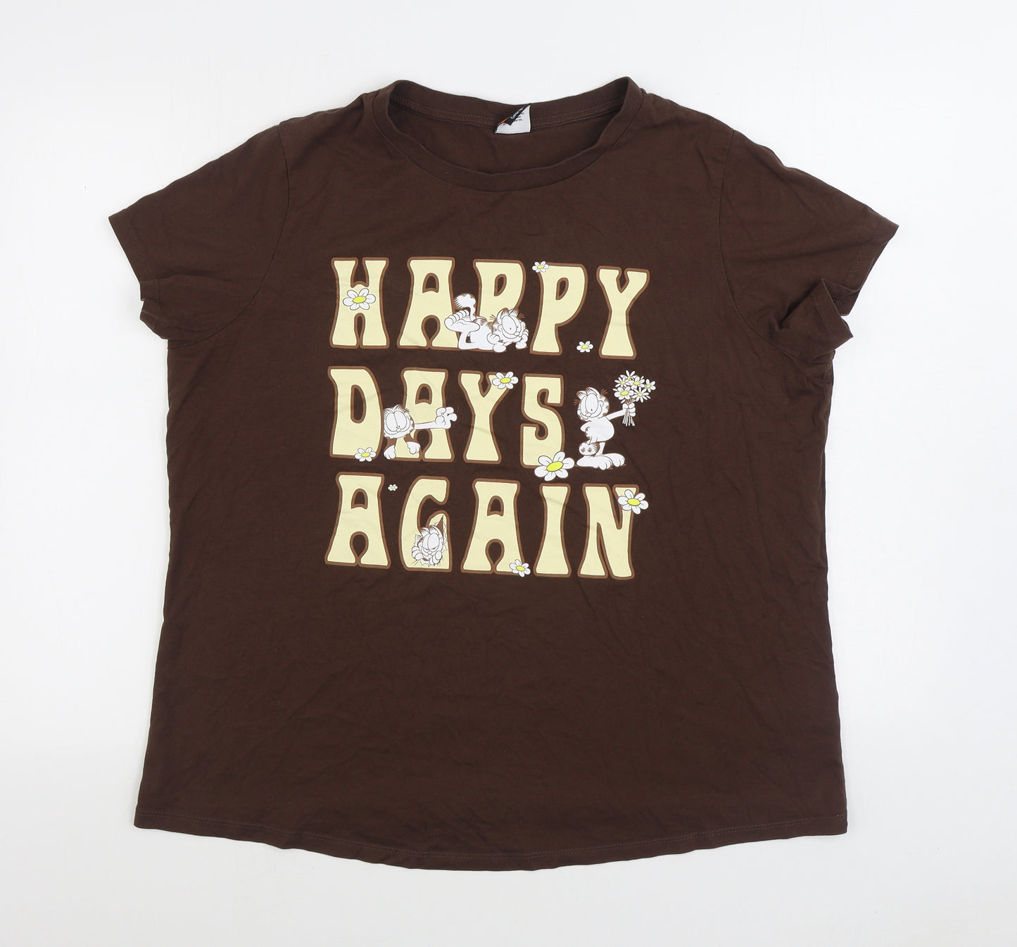 George Womens Brown 100% Cotton Basic T-Shirt Size 20 Round Neck - Happy days again