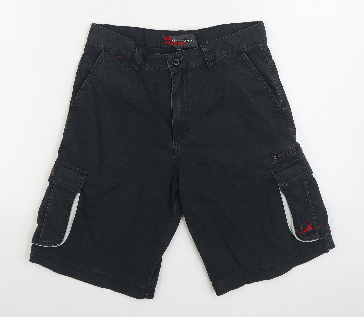 Skateboarding Hawk Boys Black 100% Cotton Cargo Shorts Size 14 Years Regular Zip