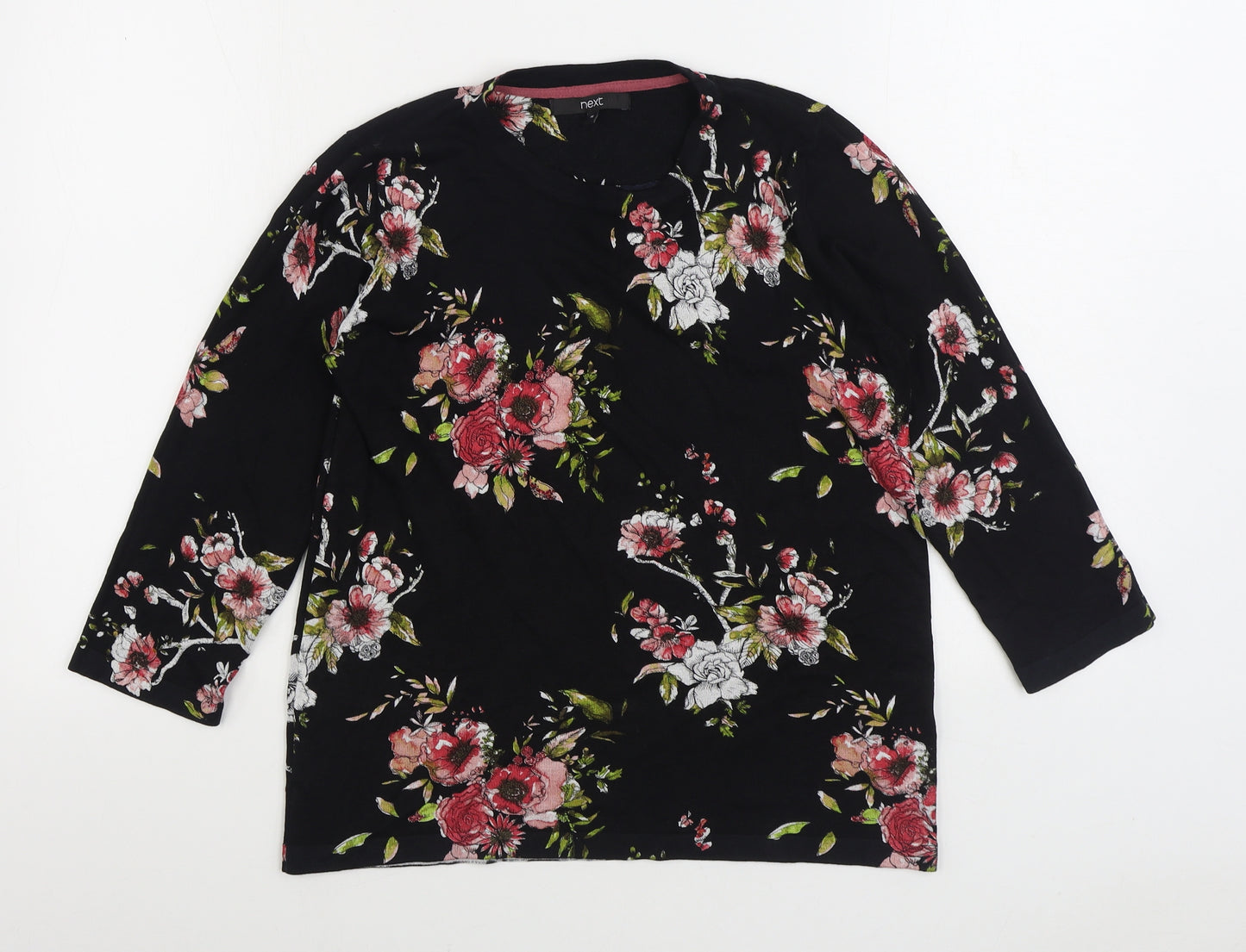 NEXT Womens Black Floral Viscose Basic T-Shirt Size 14 Round Neck