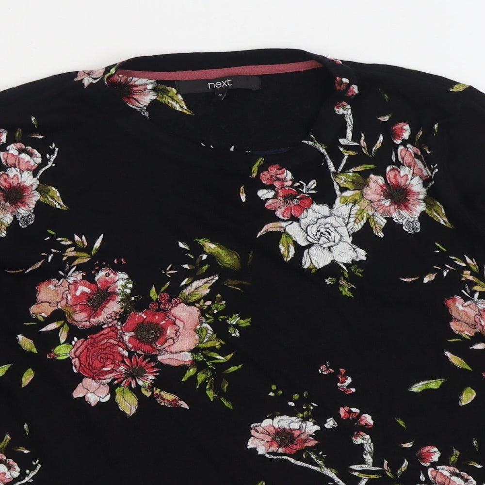 NEXT Womens Black Floral Viscose Basic T-Shirt Size 14 Round Neck