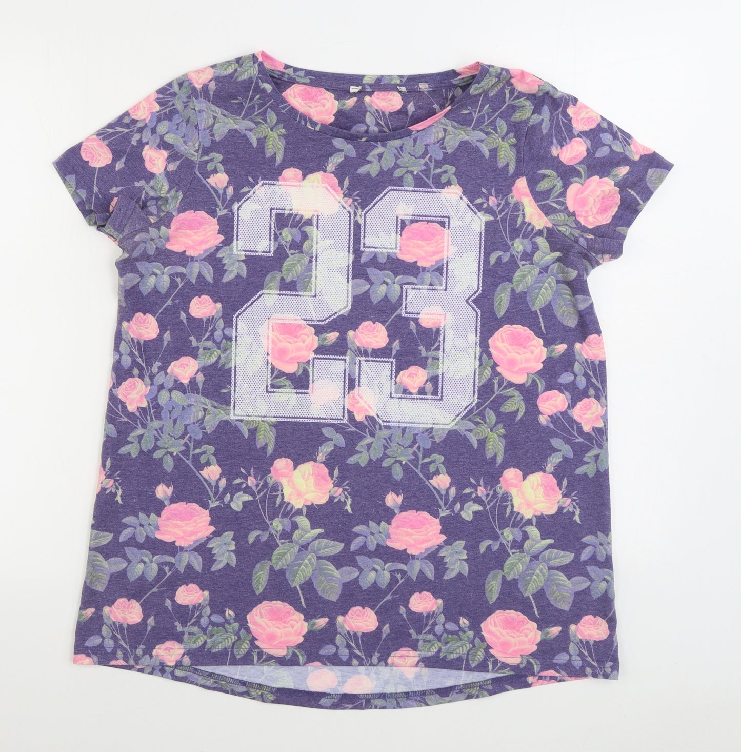 NEXT Womens Purple Floral Polyester Basic T-Shirt Size 16 Boat Neck - 23