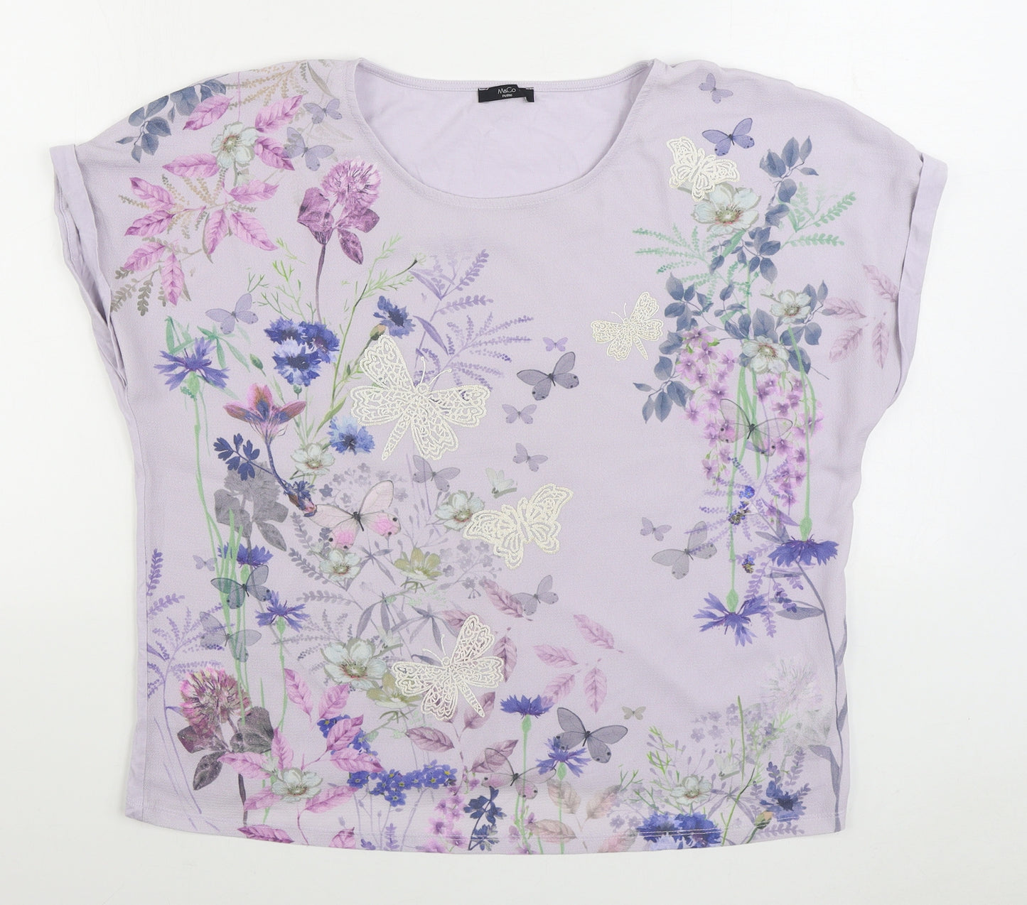 M&Co Womens Purple Floral Polyester Basic T-Shirt Size 16 Scoop Neck