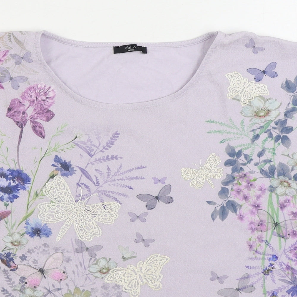 M&Co Womens Purple Floral Polyester Basic T-Shirt Size 16 Scoop Neck