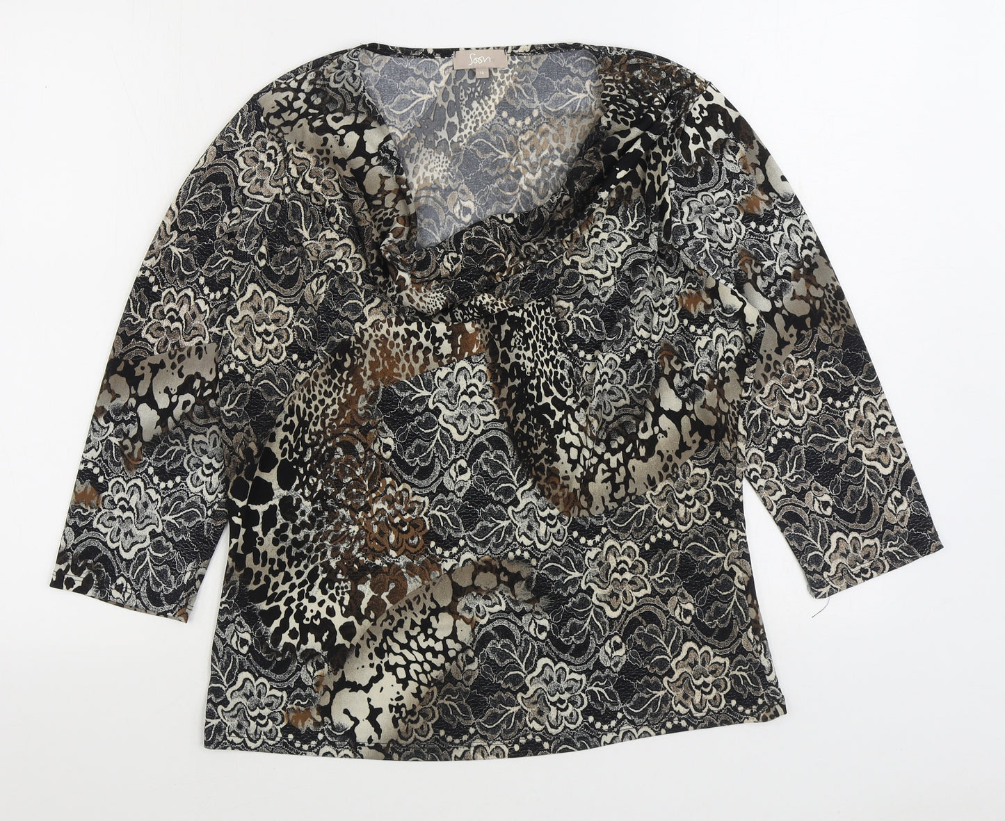 Matalan Womens Black Geometric Polyester Basic Blouse Size 16 Cowl Neck