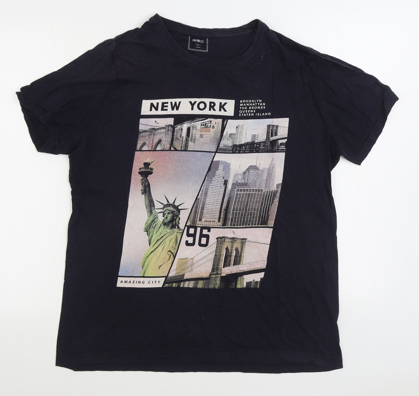 Pep&Co Mens Black Cotton T-Shirt Size L Round Neck - new York