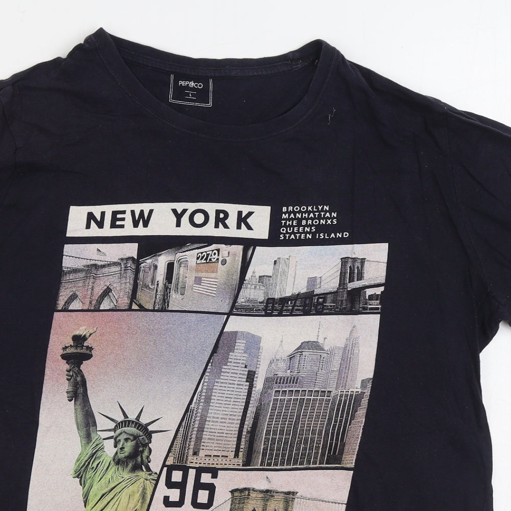 Pep&Co Mens Black Cotton T-Shirt Size L Round Neck - new York