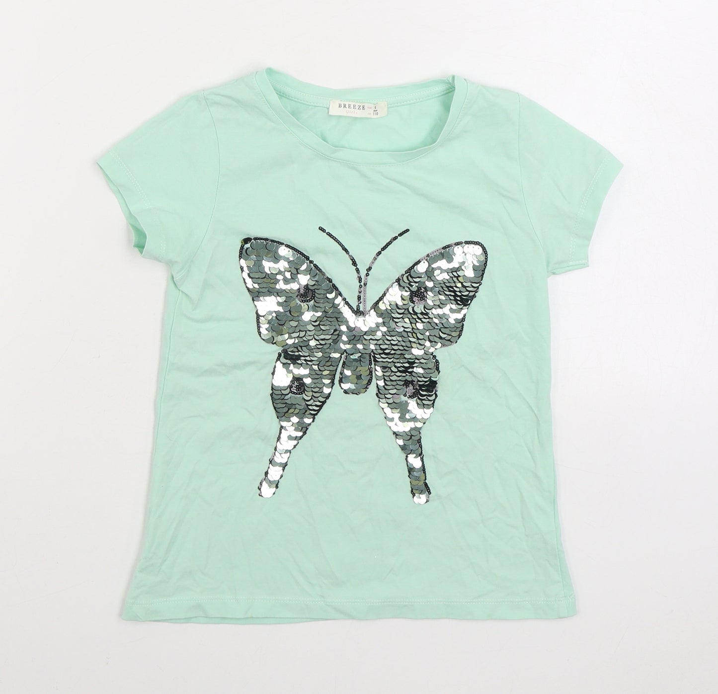 Breeze Girls Green Cotton Basic T-Shirt Size 5 Years Round Neck Pullover - Butterfly