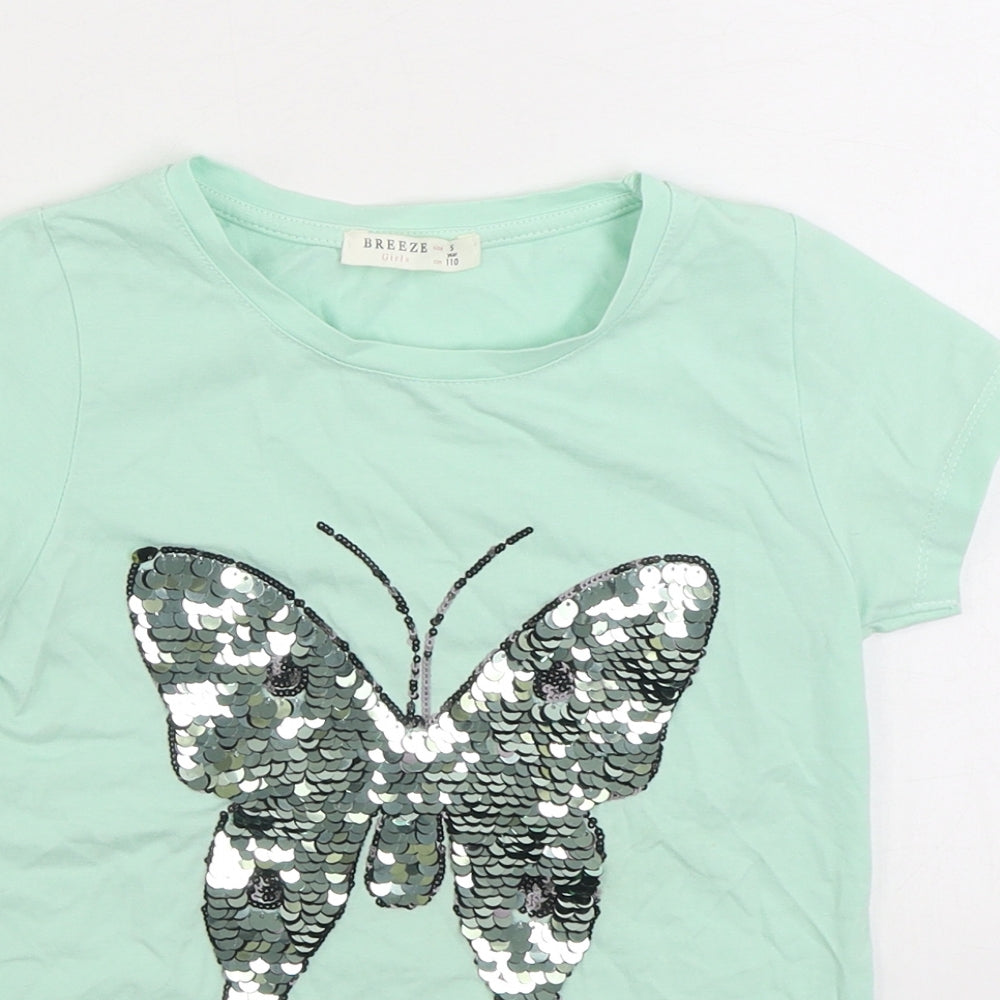 Breeze Girls Green Cotton Basic T-Shirt Size 5 Years Round Neck Pullover - Butterfly
