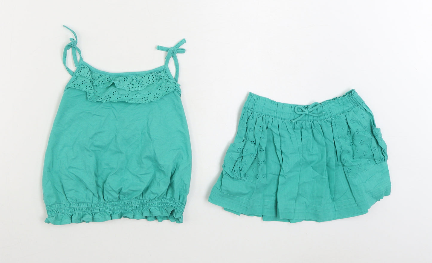 Preworn Girls Green Cotton Skirt Outfit/Set Size 2-3 Years Tie - 2 Piece set
