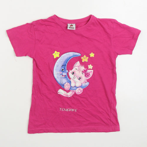 Texmania Girls Pink 100% Cotton Basic T-Shirt Size 6 Years Round Neck Pullover - Cat