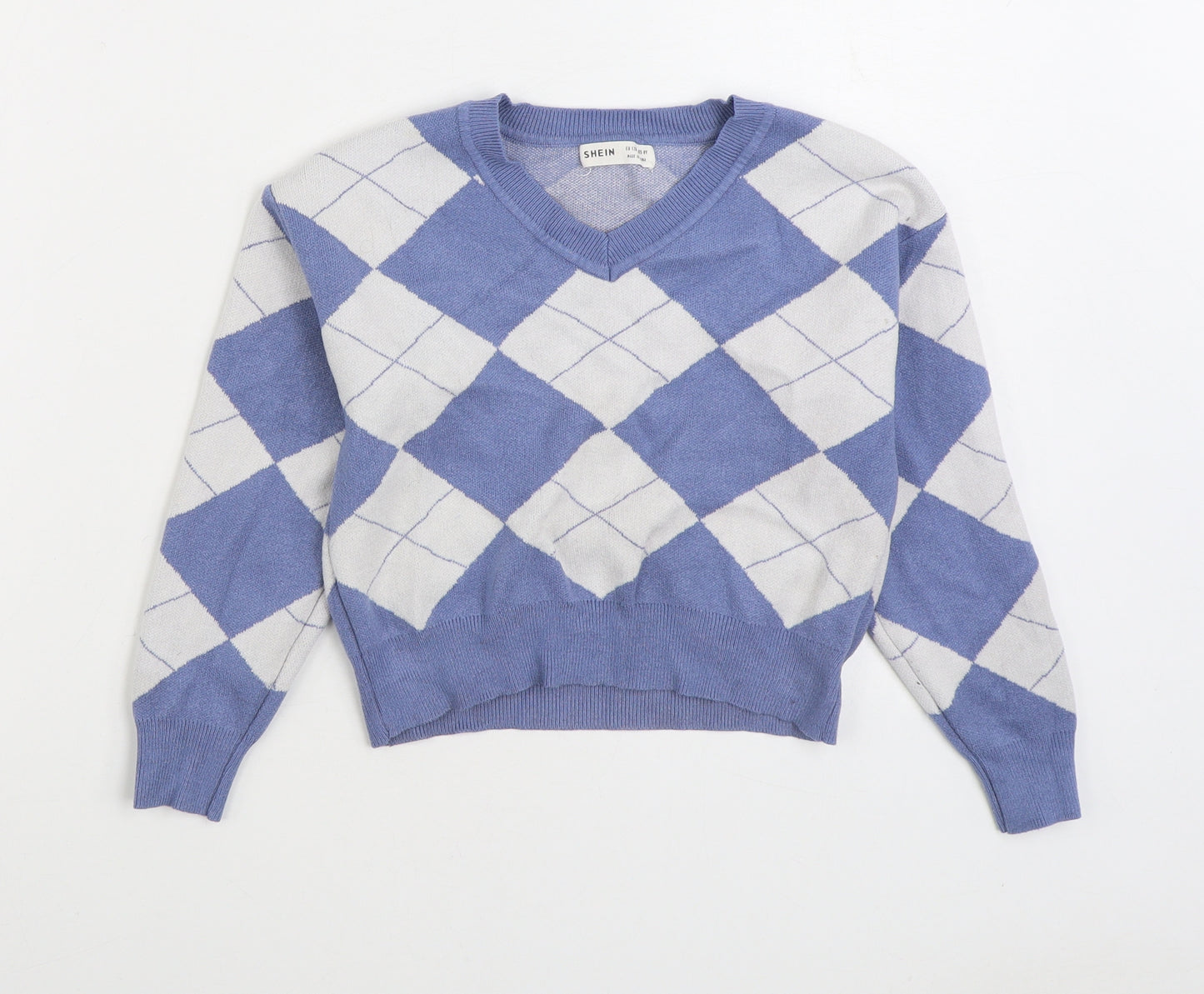 SheIn Girls Blue V-Neck Argyle/Diamond Polyester Pullover Jumper Size 8 Years Pullover