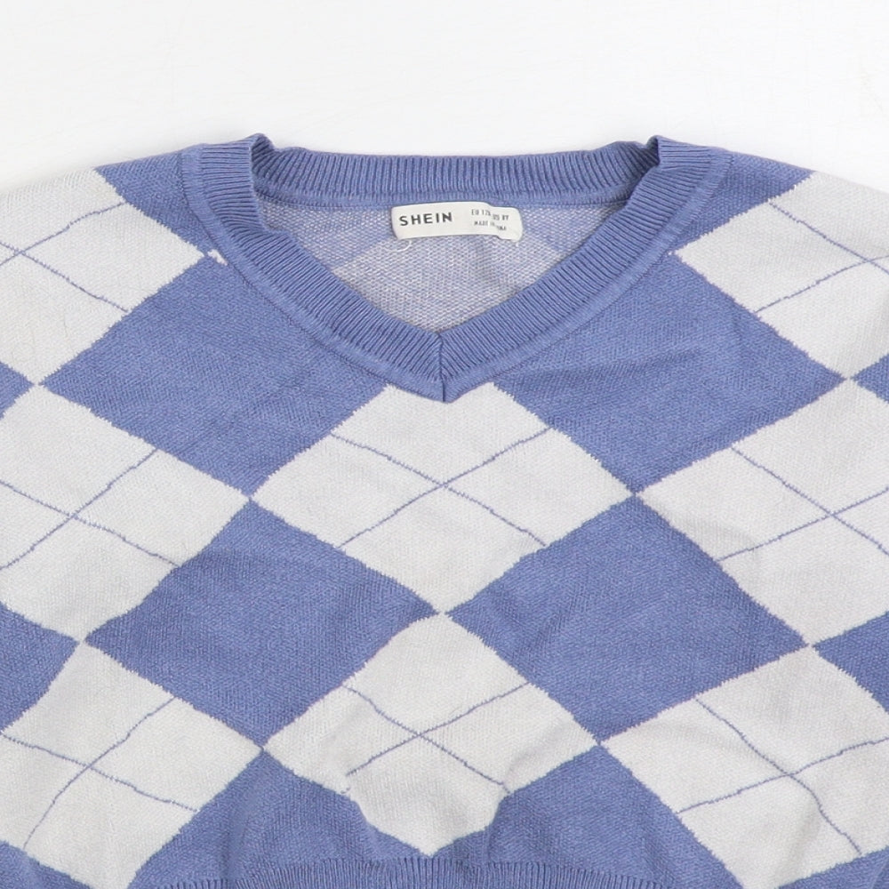 SheIn Girls Blue V-Neck Argyle/Diamond Polyester Pullover Jumper Size 8 Years Pullover