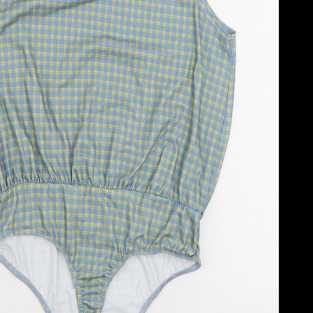 In the Style Womens Blue Plaid Polyester Bodysuit One-Piece Size 12 Button