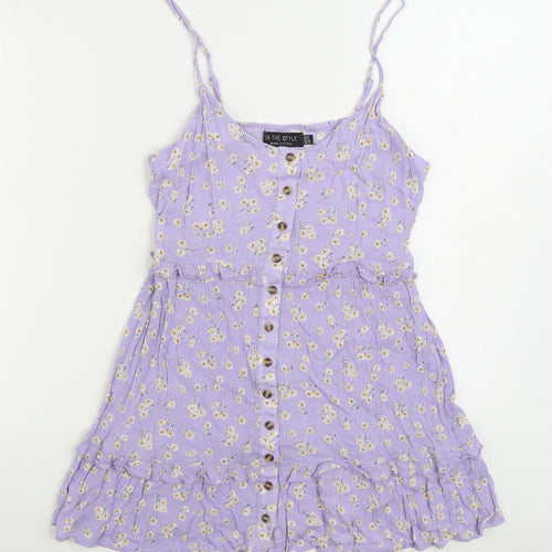 In the Style Womens Purple Geometric Viscose A-Line Size 10 Scoop Neck Button - Ruffles