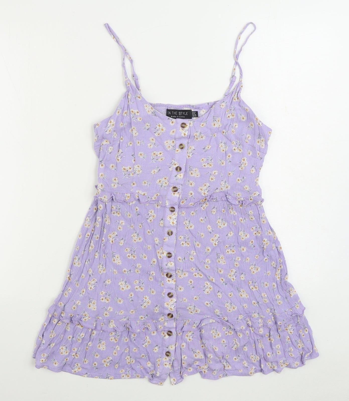 In the Style Womens Purple Geometric Viscose A-Line Size 10 Scoop Neck Button - Ruffles