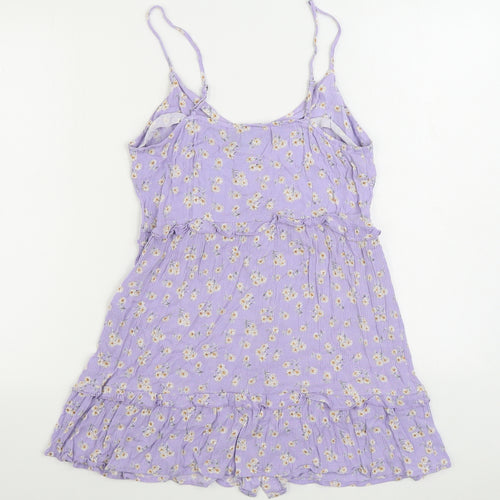 In the Style Womens Purple Geometric Viscose A-Line Size 10 Scoop Neck Button - Ruffles