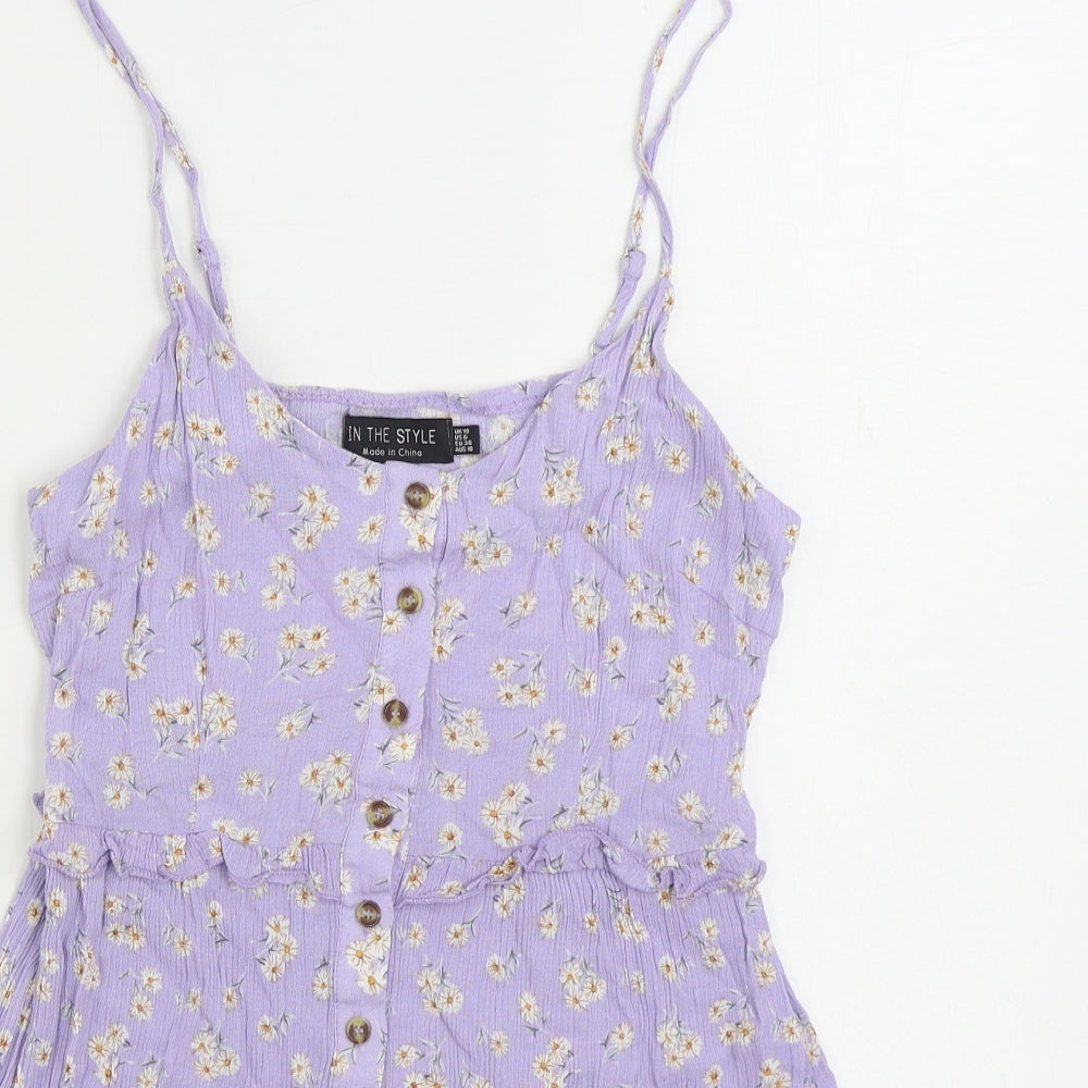 In the Style Womens Purple Geometric Viscose A-Line Size 10 Scoop Neck Button - Ruffles