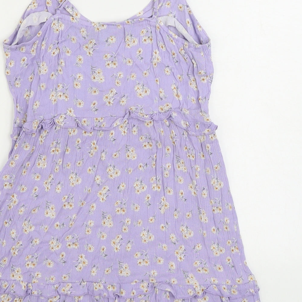 In the Style Womens Purple Geometric Viscose A-Line Size 10 Scoop Neck Button - Ruffles