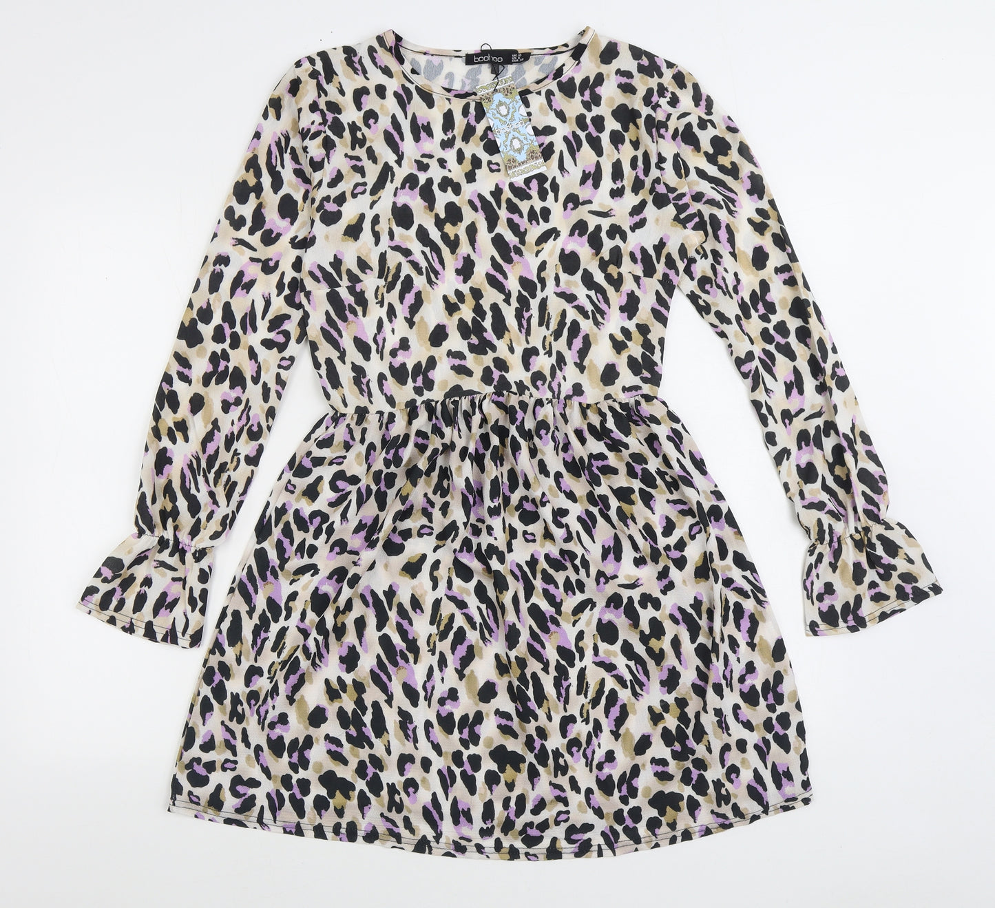 Boohoo Womens Multicoloured Animal Print Polyester Skater Dress Size 10 Round Neck Pullover