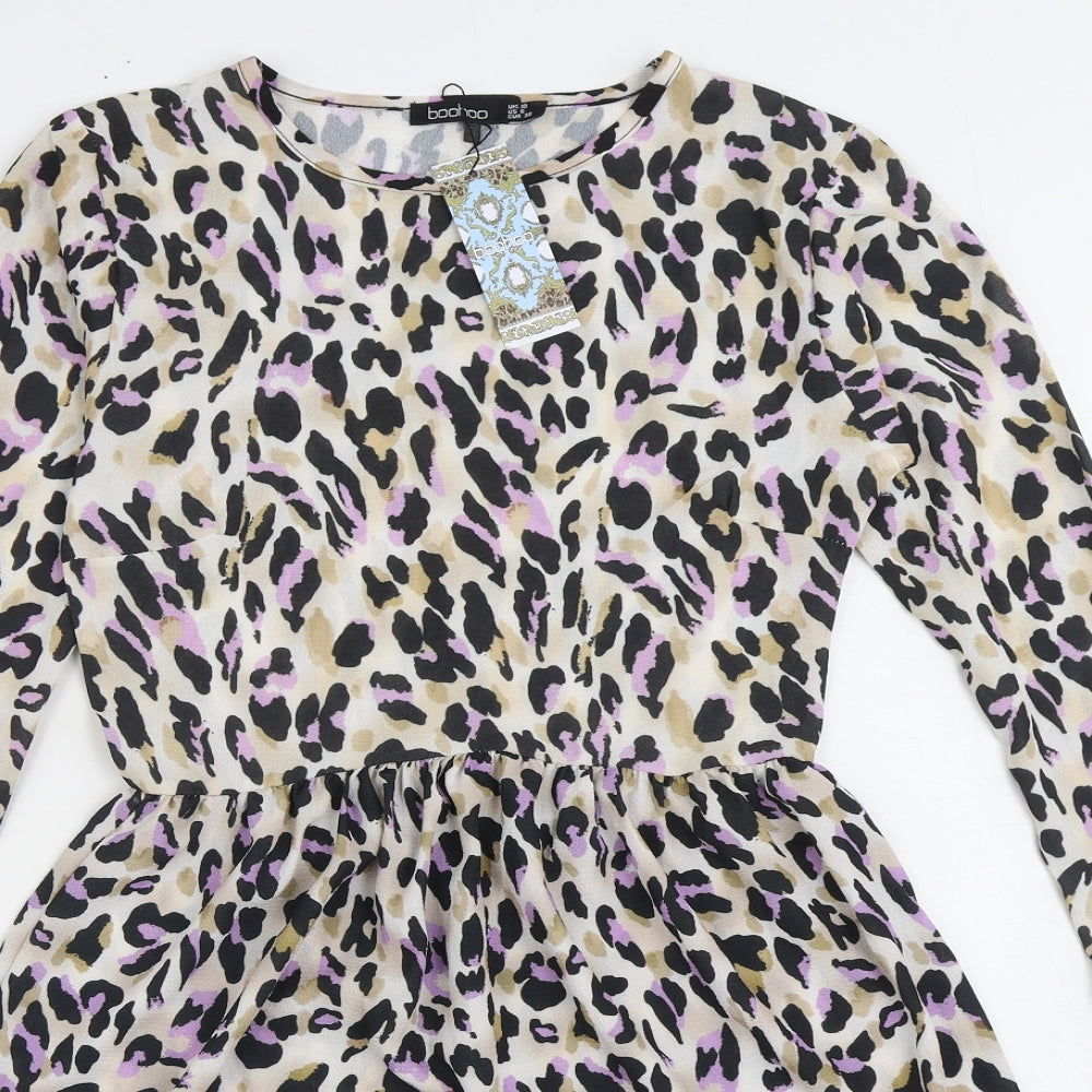 Boohoo Womens Multicoloured Animal Print Polyester Skater Dress Size 10 Round Neck Pullover