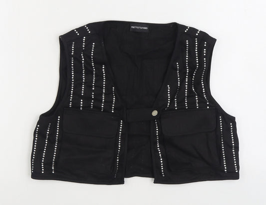 Front view of PRETTYLITTLETHING women’s black gilet jacket, size S, button