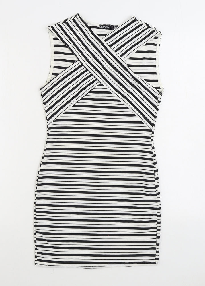 Boohoo Womens Black Striped Polyester Pencil Dress Size 8 V-Neck Pullover