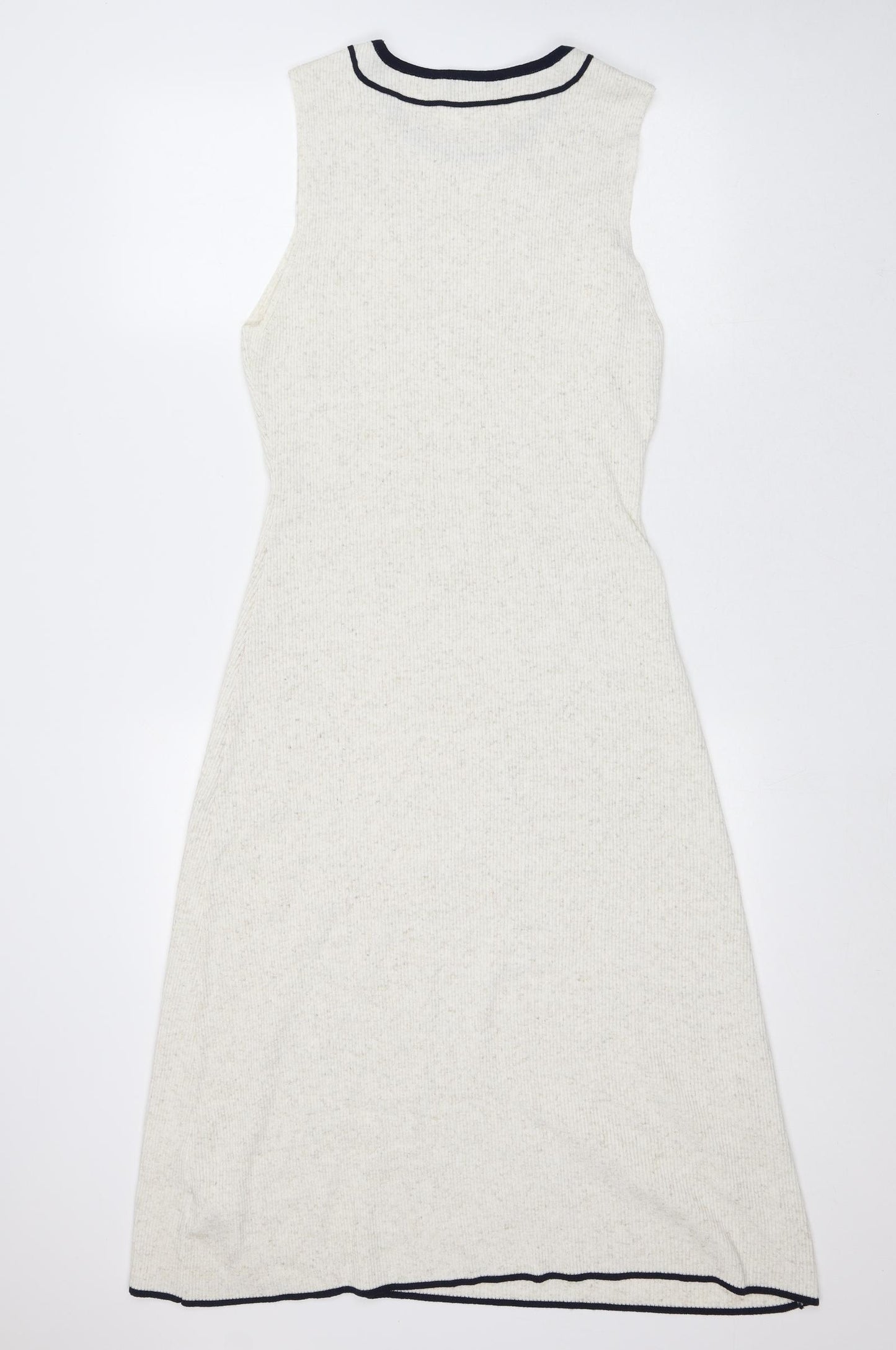 Marks and Spencer Womens Beige Striped Polyamide A-Line Size L Round Neck