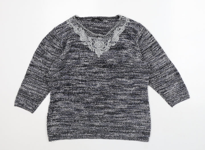 Bonmarché Womens Grey V-Neck Geometric Polyester Pullover Jumper Size M