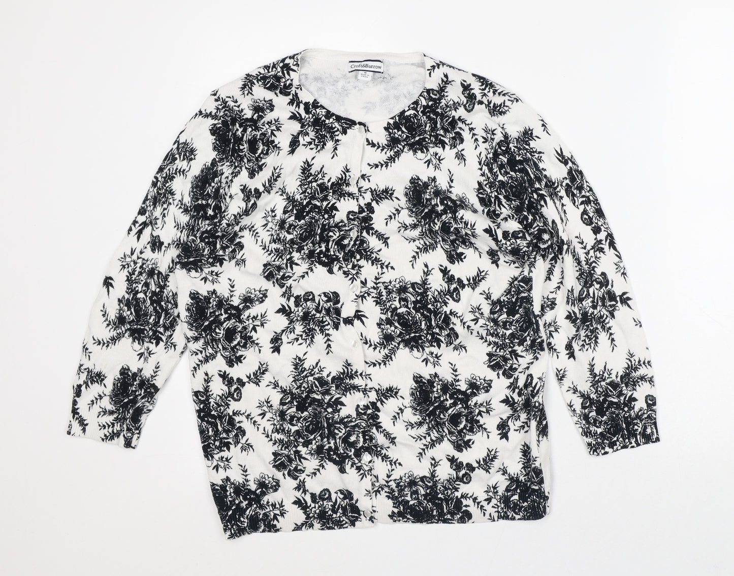 Croft & Barrow Womens White Round Neck Floral Cotton Cardigan Jumper Size M