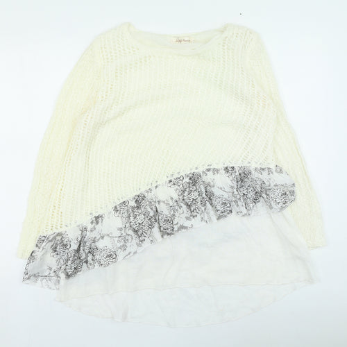 Simply Couture Womens Ivory Round Neck Floral Cotton Pullover Jumper Size L - Lace Trim